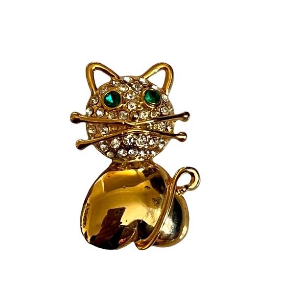 Jewelry - Kitty Cat Pin‎ Brooch Rhinestones Gold Tone Metal